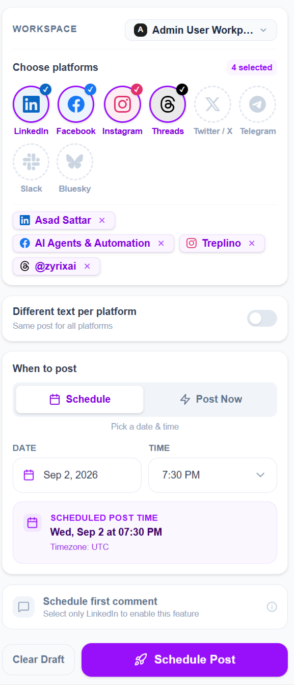 Treplino scheduling panel showing date and time pickers, best times today pills, and publication confirmation banner